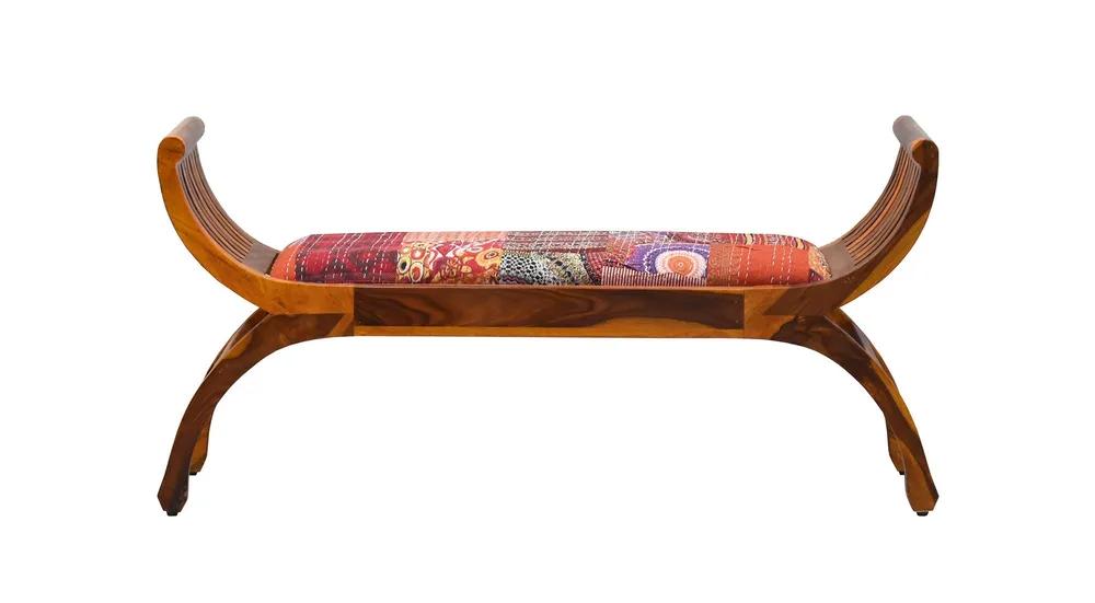 Red Traditional Kantha Gudri Patchwork Yellow Brown Wooden Two Seater Sofa