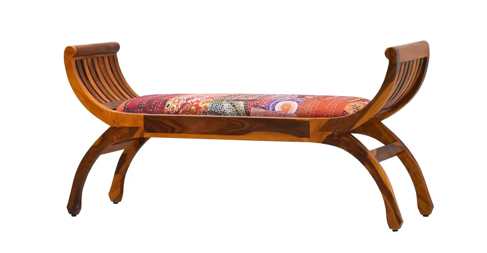 Red Traditional Kantha Gudri Patchwork Yellow Brown Wooden Two Seater Sofa