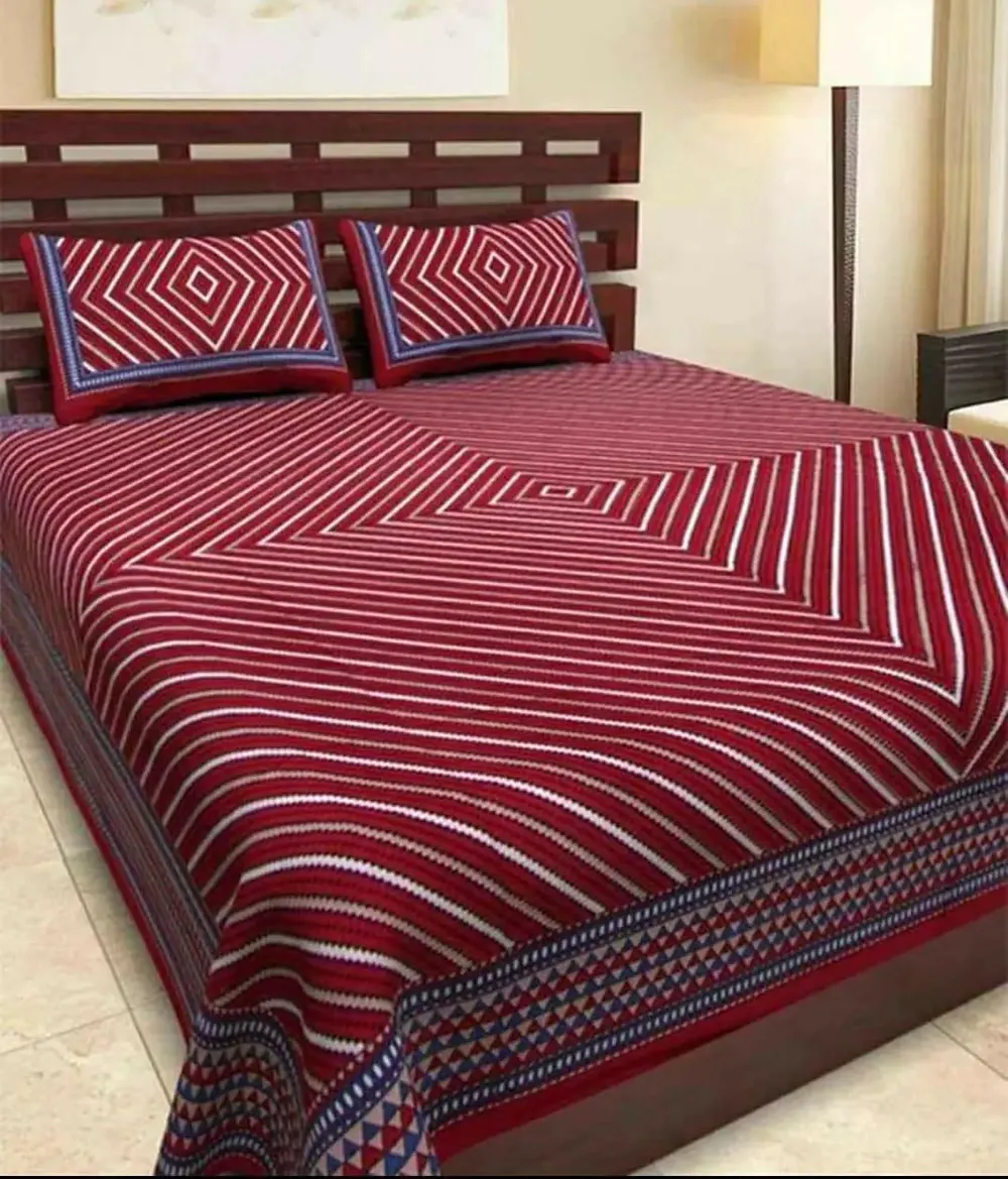 Red Vertical-Lined 144 TC Cotton Double Bedsheet with Pillow Covers