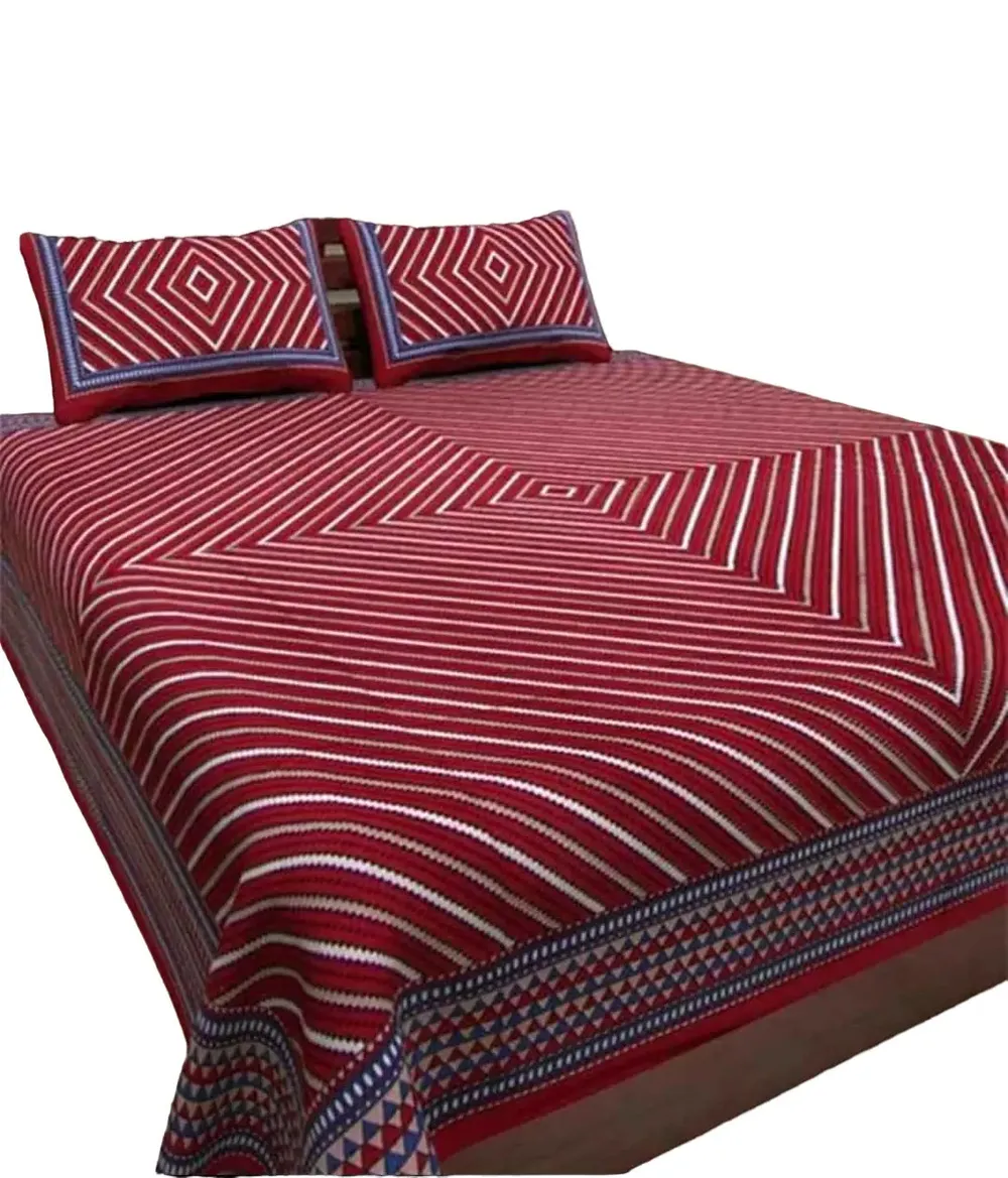 Red Vertical-Lined 144 TC Cotton Double Bedsheet with Pillow Covers