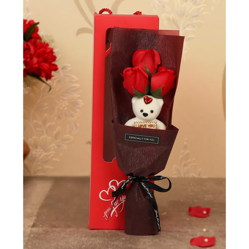 Red & White Artificial Silk Rose Special Flower Bouquet with Teddy for Valentine's Day