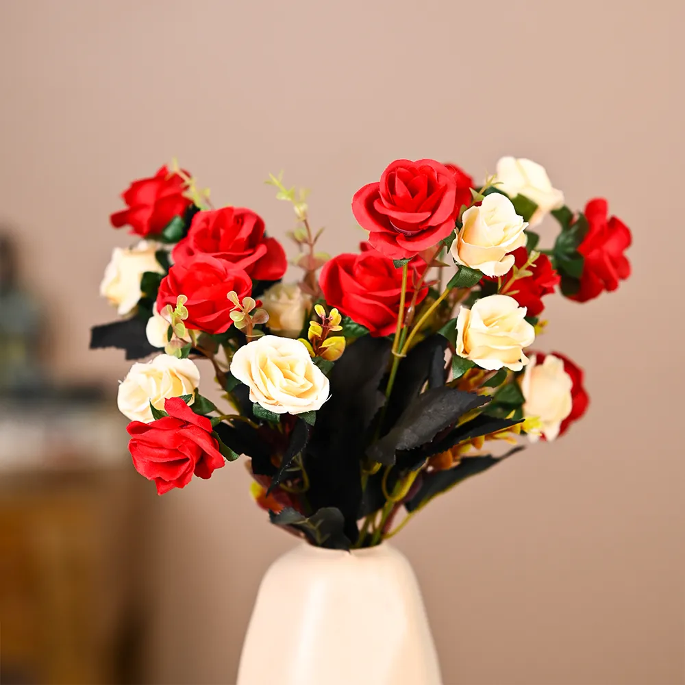 Red & White Decorative Artificial Rose Bunch Set Of 2