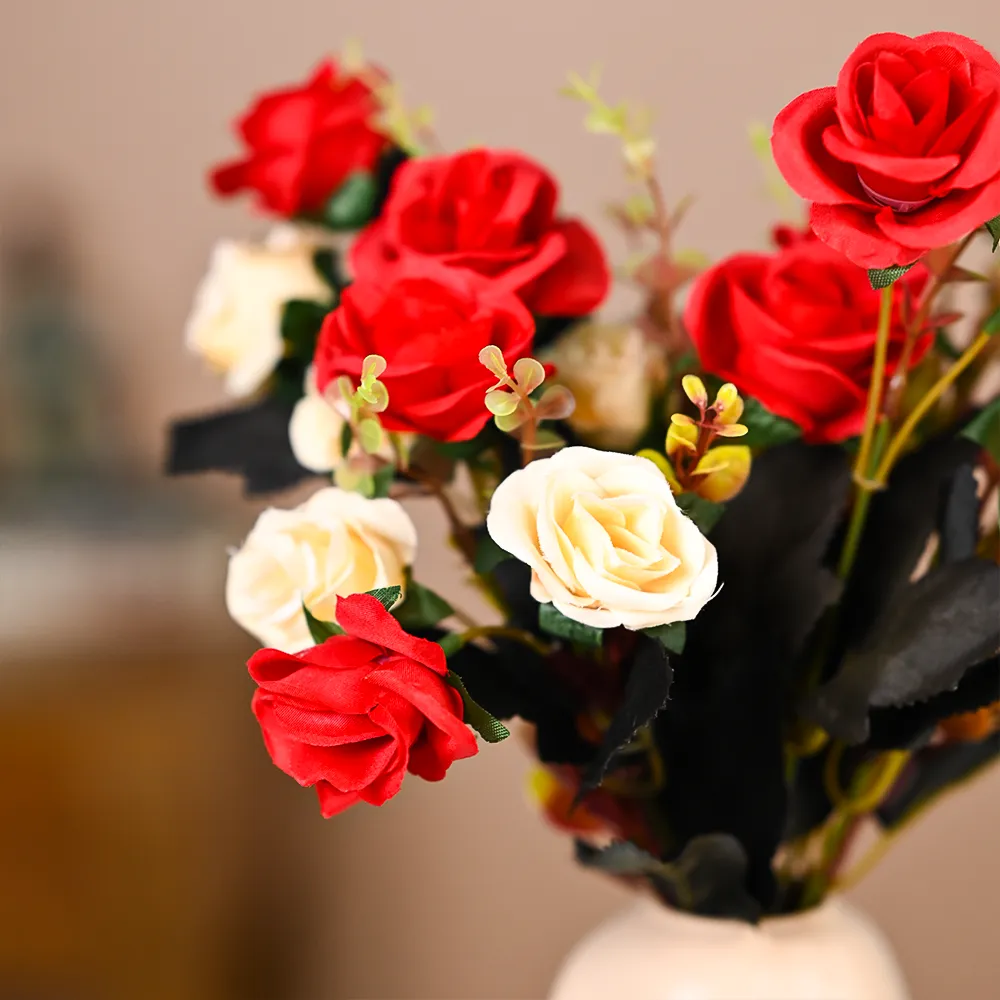 Red & White Decorative Artificial Rose Bunch Set Of 2
