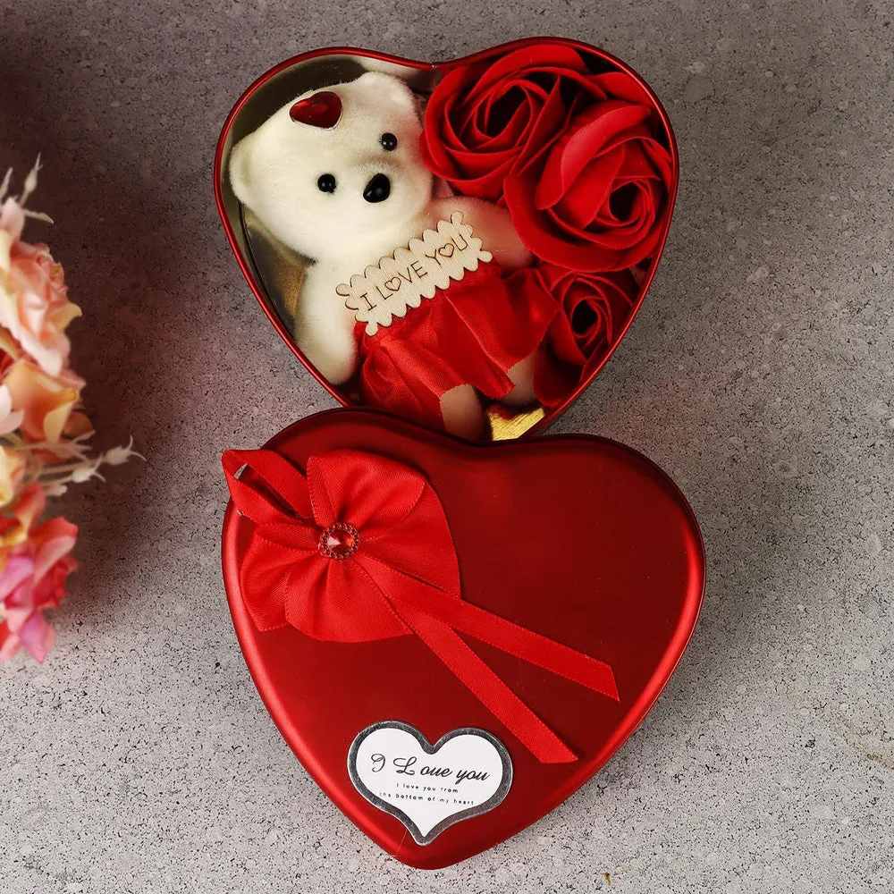 Red & White Decorative Heart-Shaped Box With Teddy & Rose Gift Set for Valentine's Day