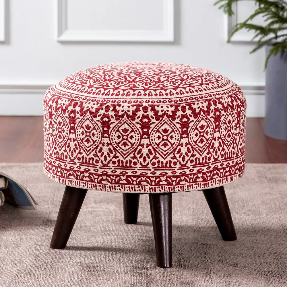 Red & White Ethnic Print Round Upholstered Ottoman Wood Stool Single Piece