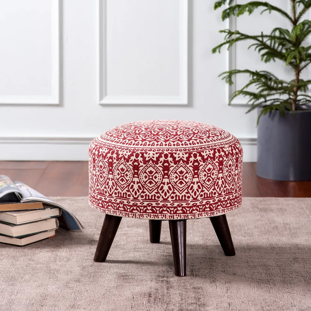 Red & White Ethnic Print Round Upholstered Ottoman Wood Stool Single Piece