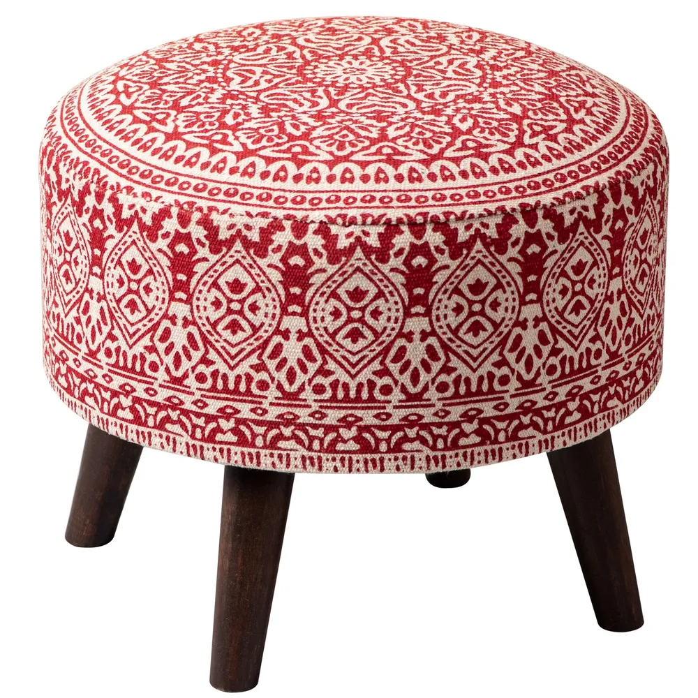 Red& White Ethnic Print Round Upholstered Wood Stool Set Of 2