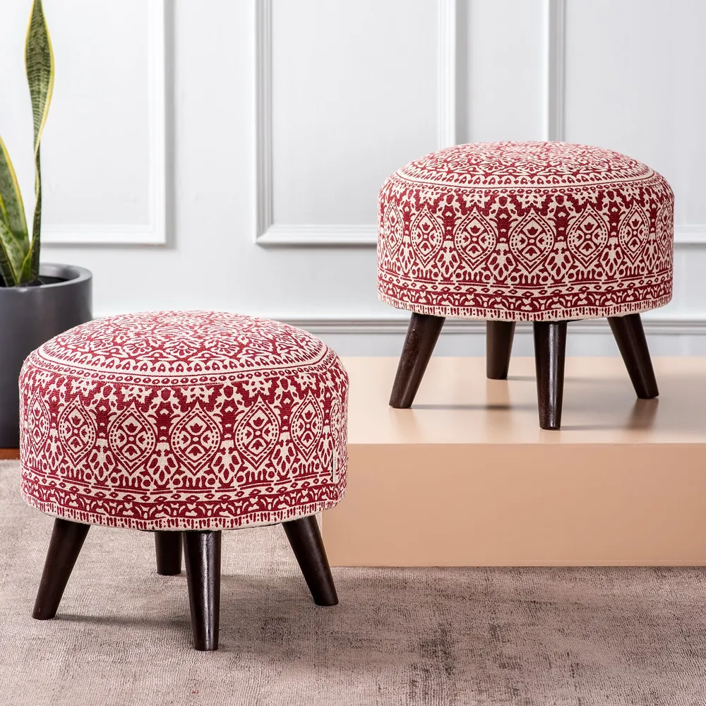 Red& White Ethnic Print Round Upholstered Wood Stool Set Of 2
