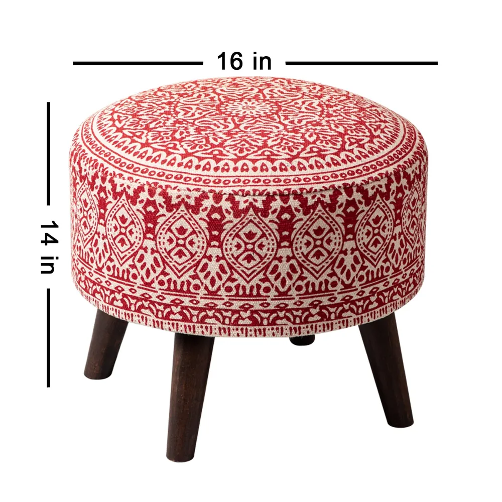 Red& White Ethnic Print Round Upholstered Wood Stool Set Of 2