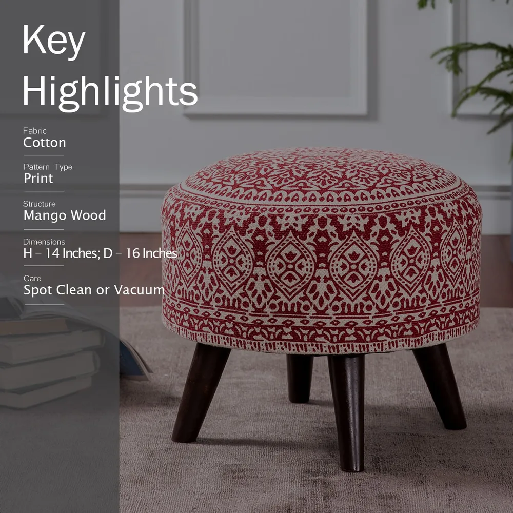 Red& White Ethnic Print Round Upholstered Wood Stool Set Of 2