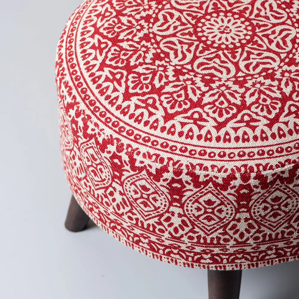 Red& White Ethnic Print Round Upholstered Wood Stool Set Of 2