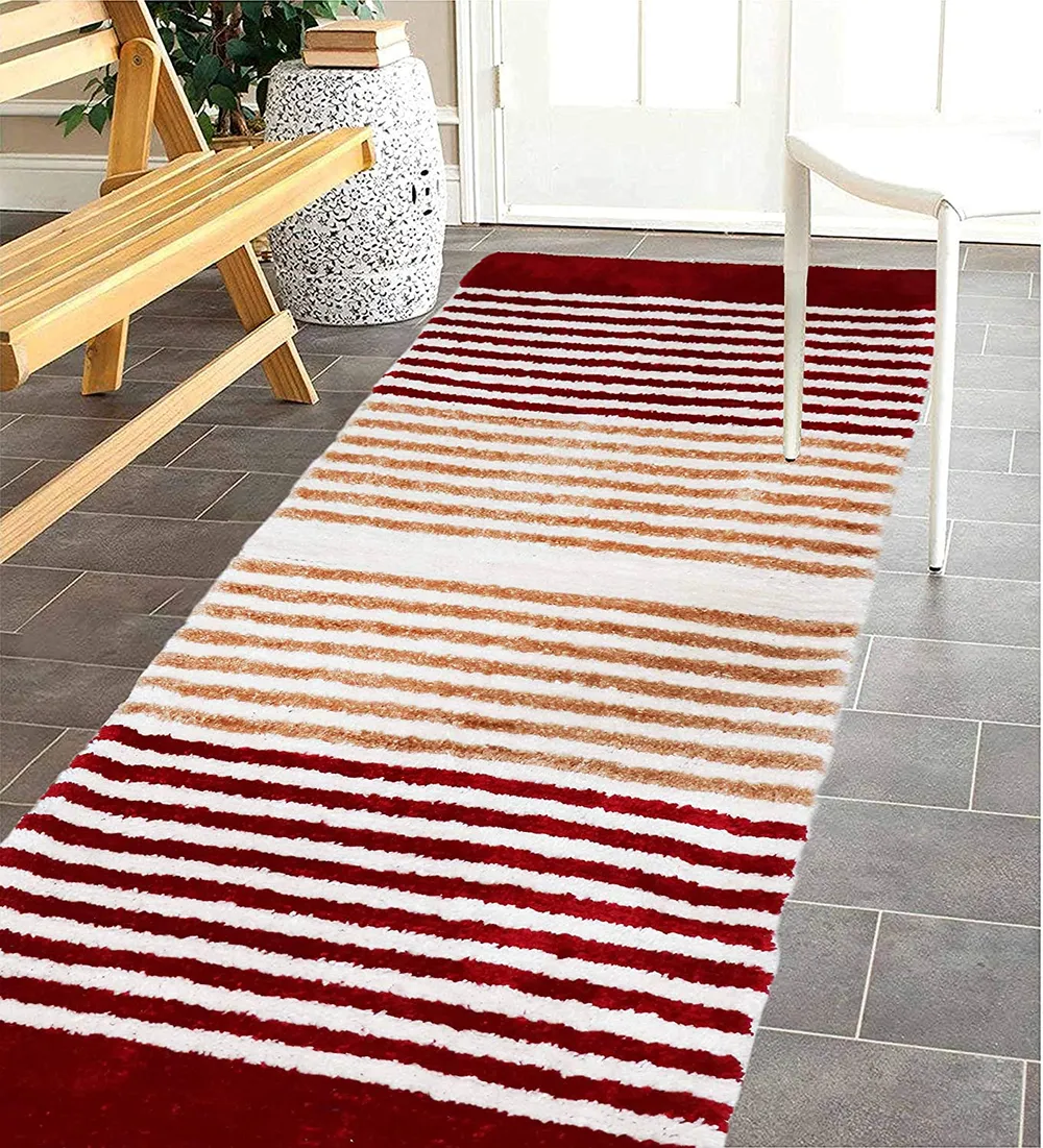 Red & White Striped Polyester Bedside Runner