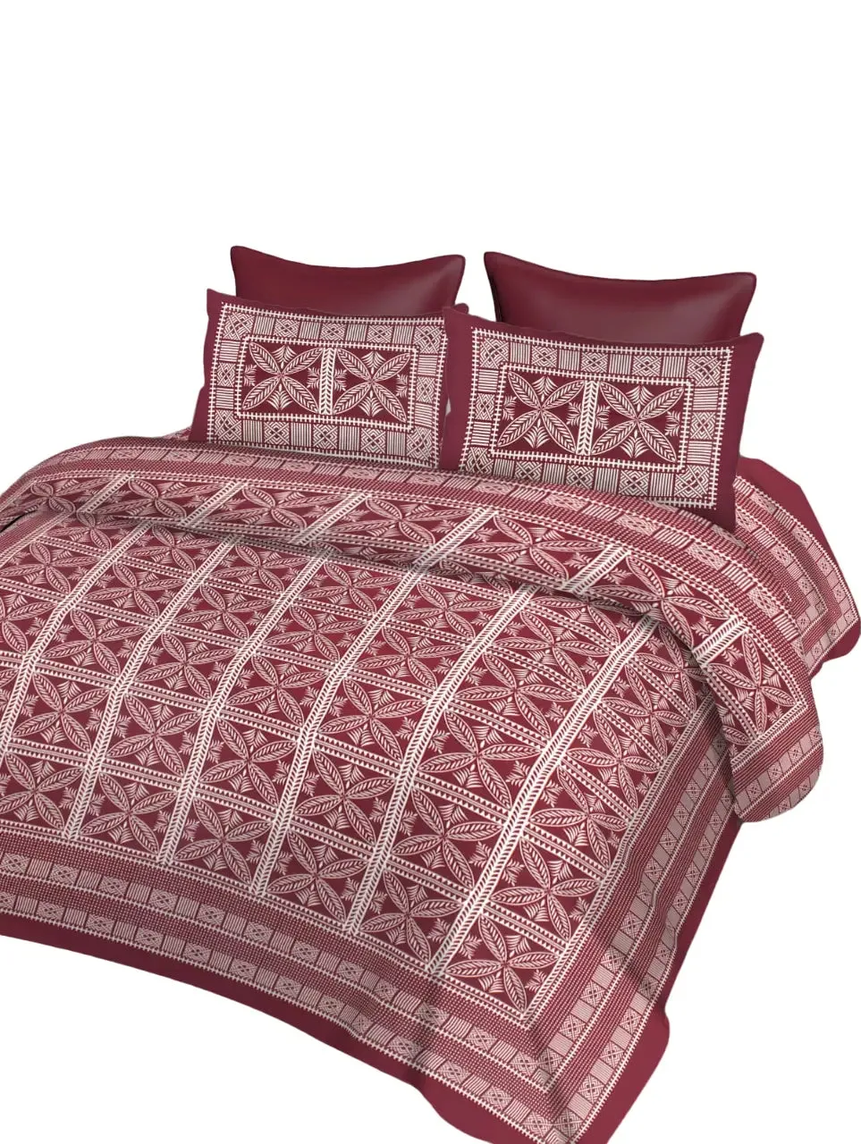 Red & White Traditional Print 144 TC Cotton Double Bedsheet with Pillow Covers