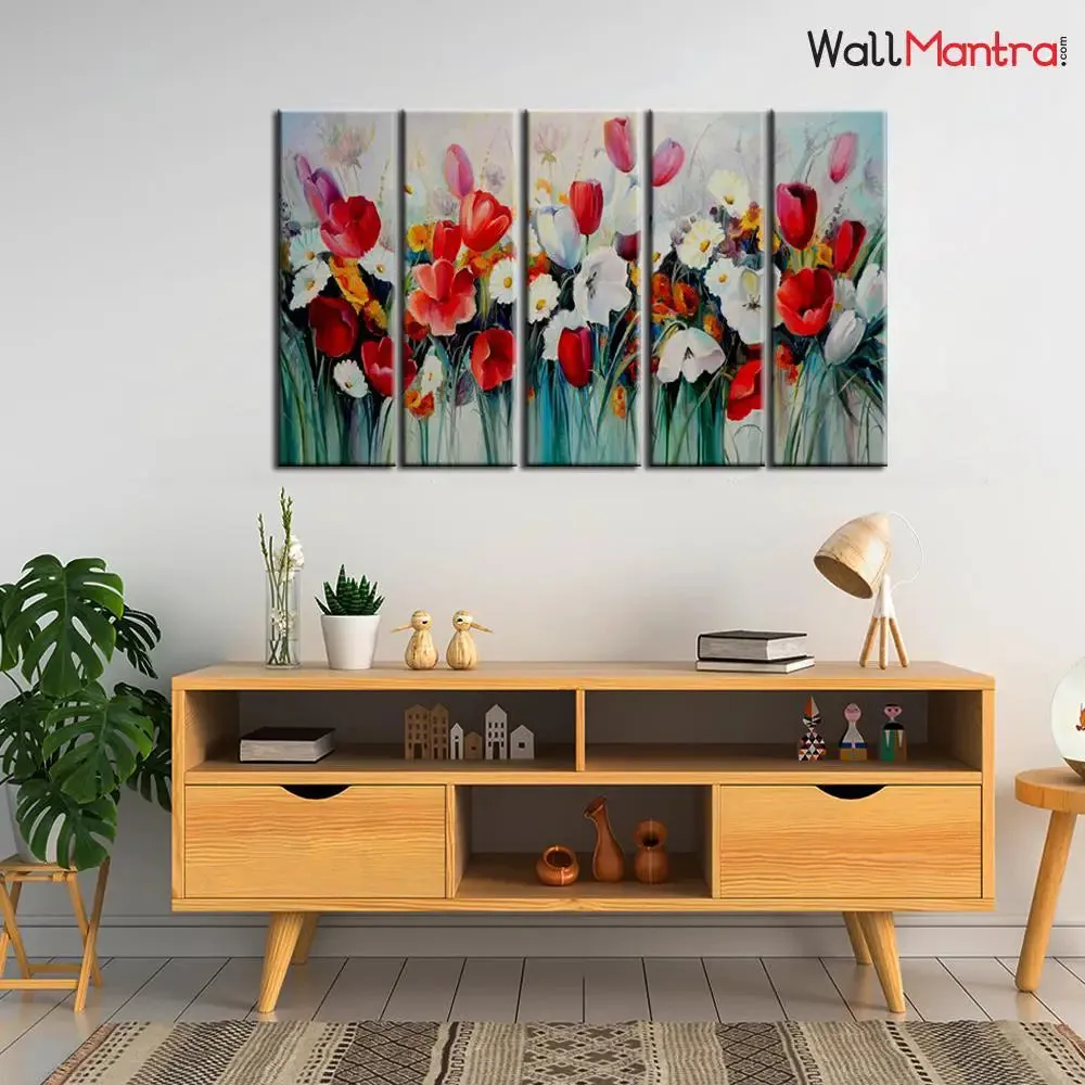 Red White Tulip Flowers Wall Painting In 5 Pieces