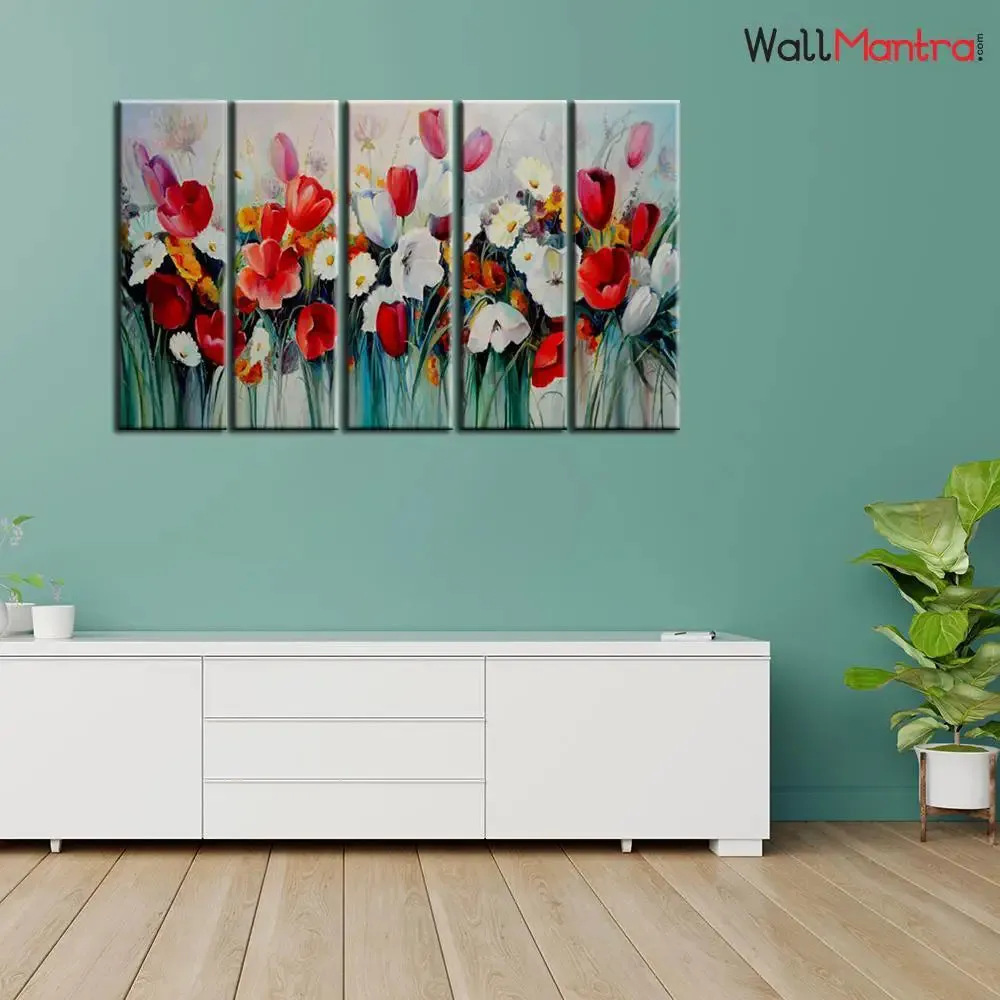 Red White Tulip Flowers Wall Painting In 5 Pieces
