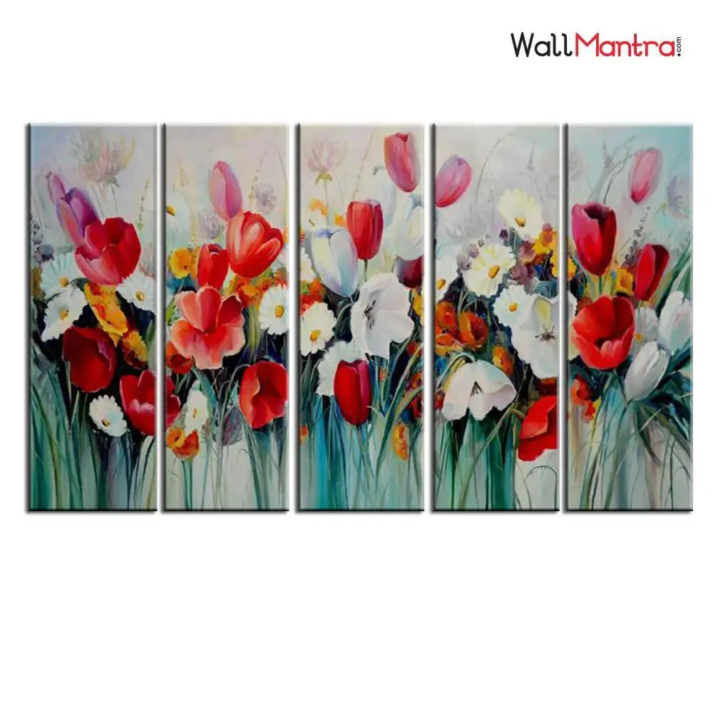 Red White Tulip Flowers Wall Painting In 5 Pieces
