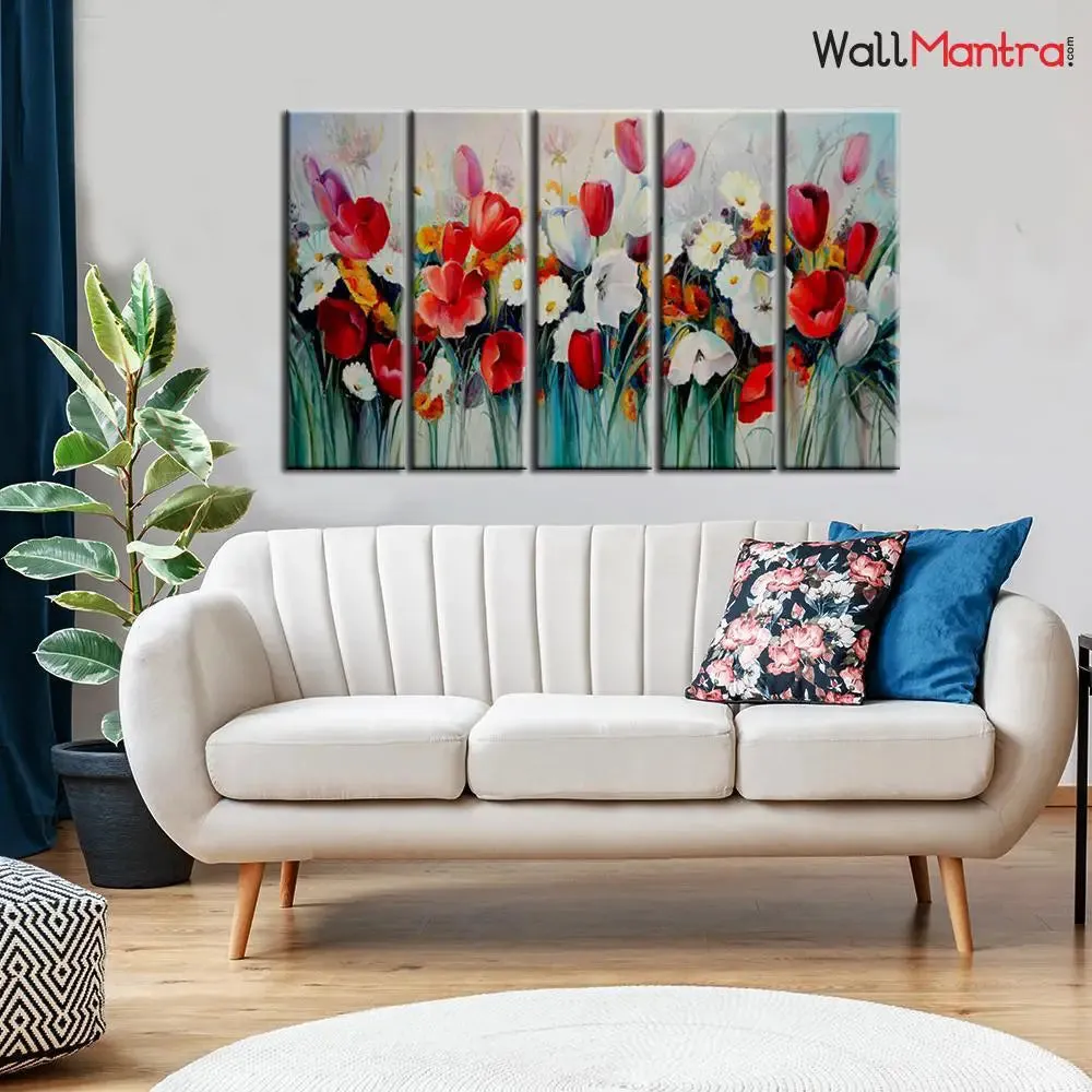Red White Tulip Flowers Wall Painting In 5 Pieces