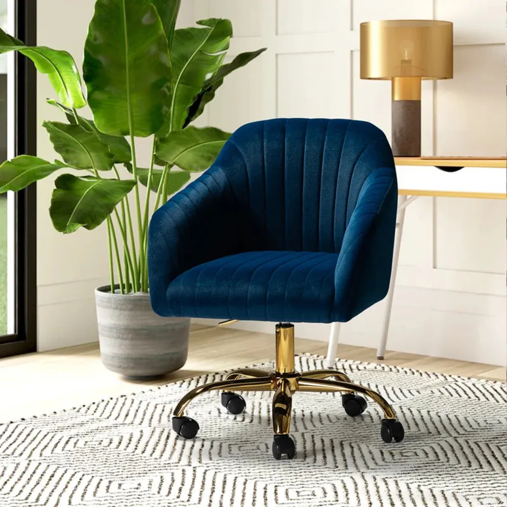 Refined Navy Blue Tufted Velvet Armchair With Golden Legs Single Piece