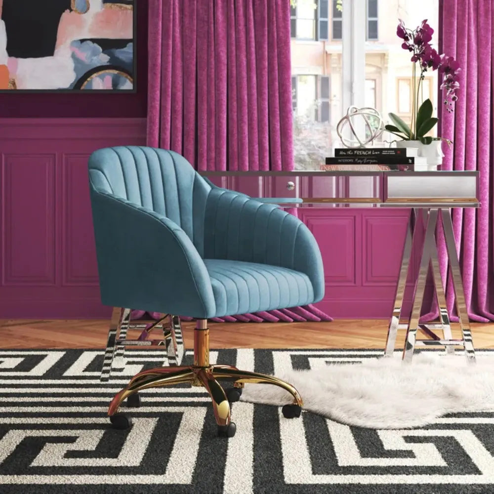 Refined Sky Blue Tufted Velvet Armchair With Golden Legs Single Piece