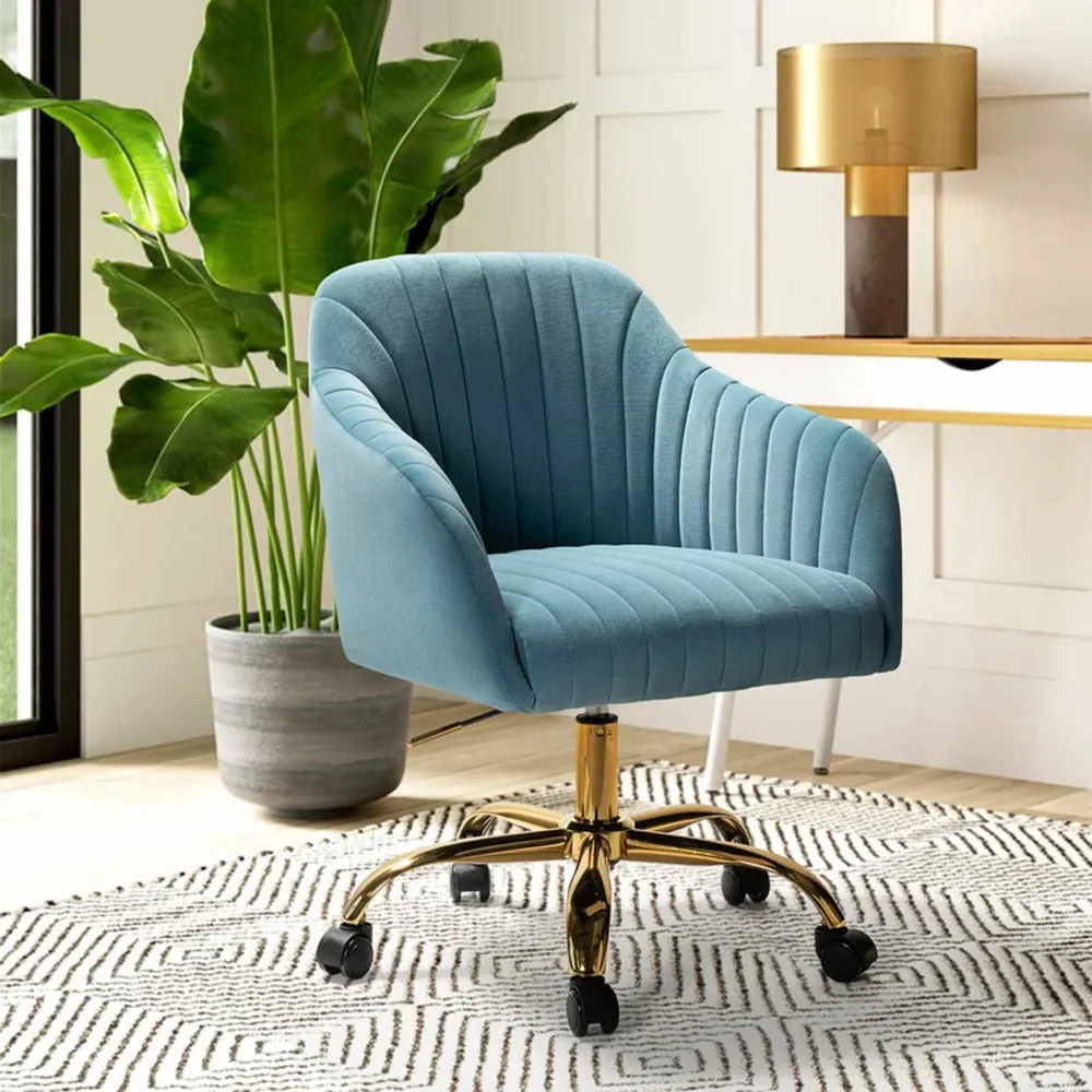 Refined Sky Blue Tufted Velvet Armchair With Golden Legs Single Piece