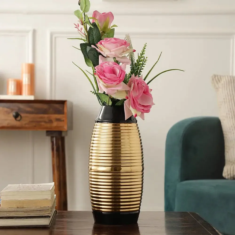 Regal Black and Gold Banded Enamel Vase / Decorative Vase for Living Room