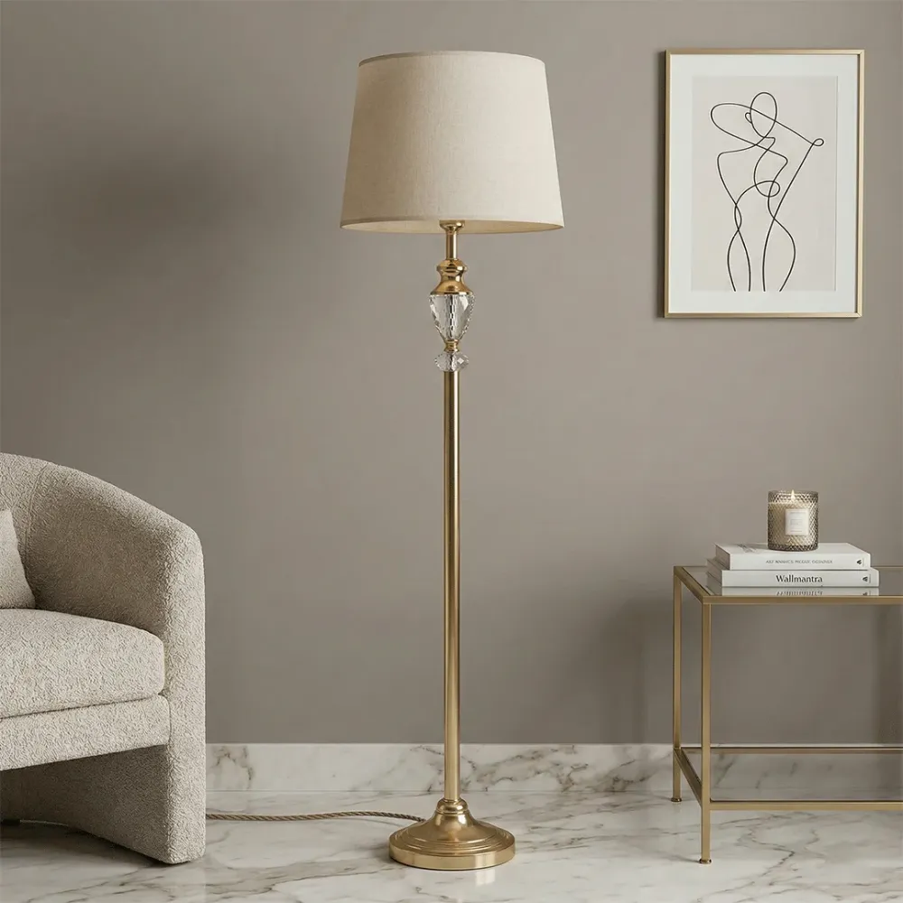 WallMantra Regal Crystal Brass Floor Lamp – Premium Luxury Standing Light for Living Room & Bedroom 