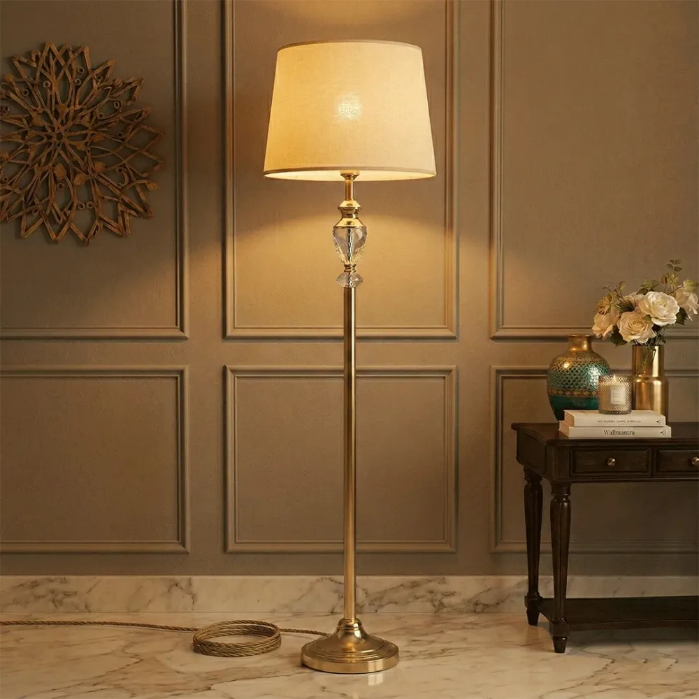 WallMantra Regal Crystal Brass Floor Lamp – Premium Luxury Standing Light for Living Room & Bedroom 
