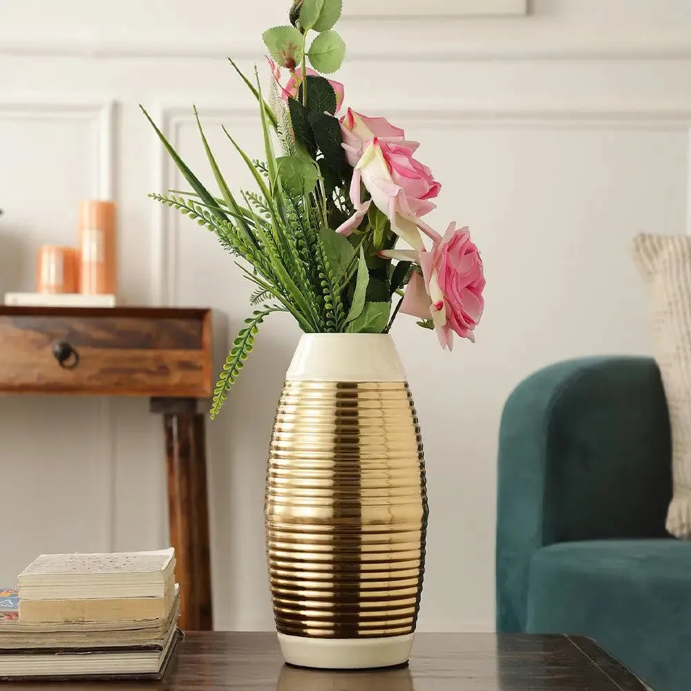 Regal Ivory and Gold Banded Enamel Vase / Decorative Vase for Living Room