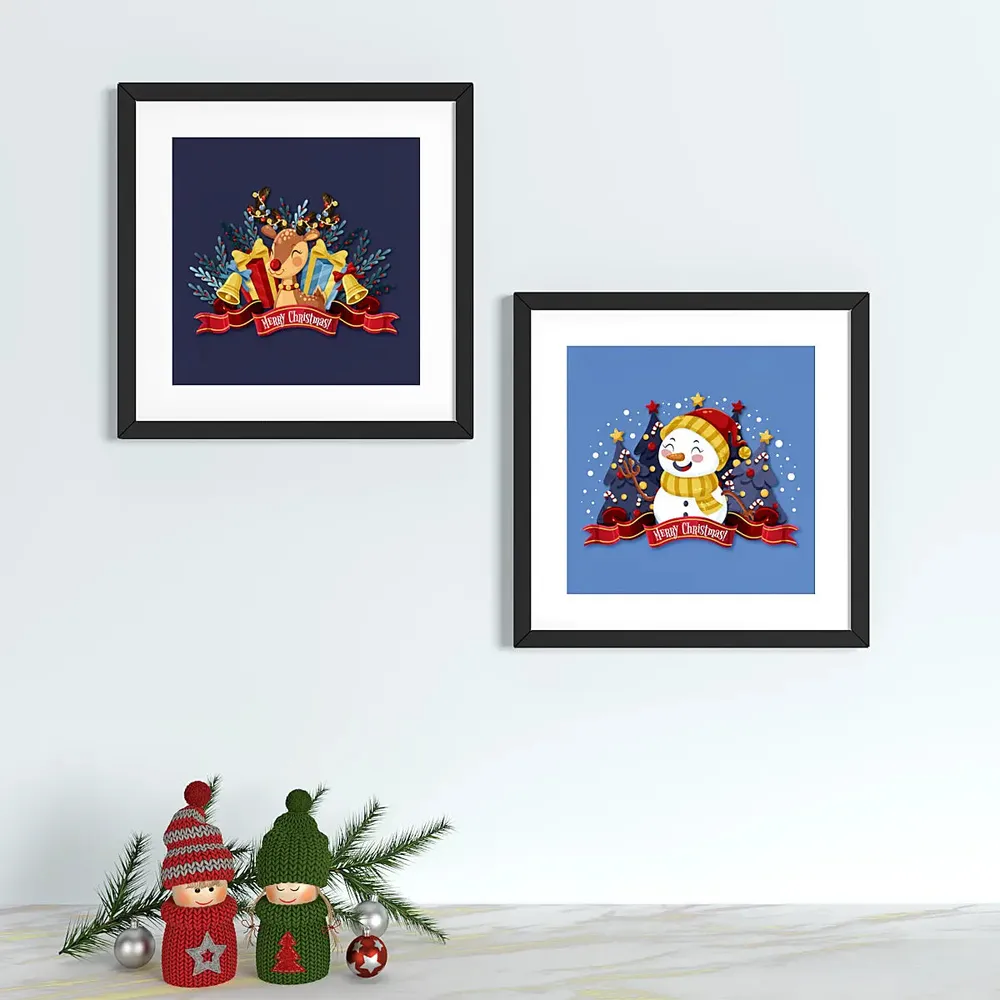 Reindeer With Santa Claus wall framed Set of 2 / Break Resistant Clear Acrylic Glass / 61 cm x 30 cm