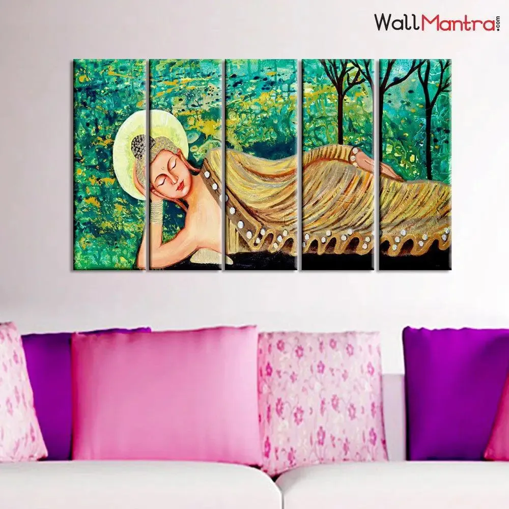 Resting Buddha Canvas 5 Pieces Wall Painting Framed on Wood