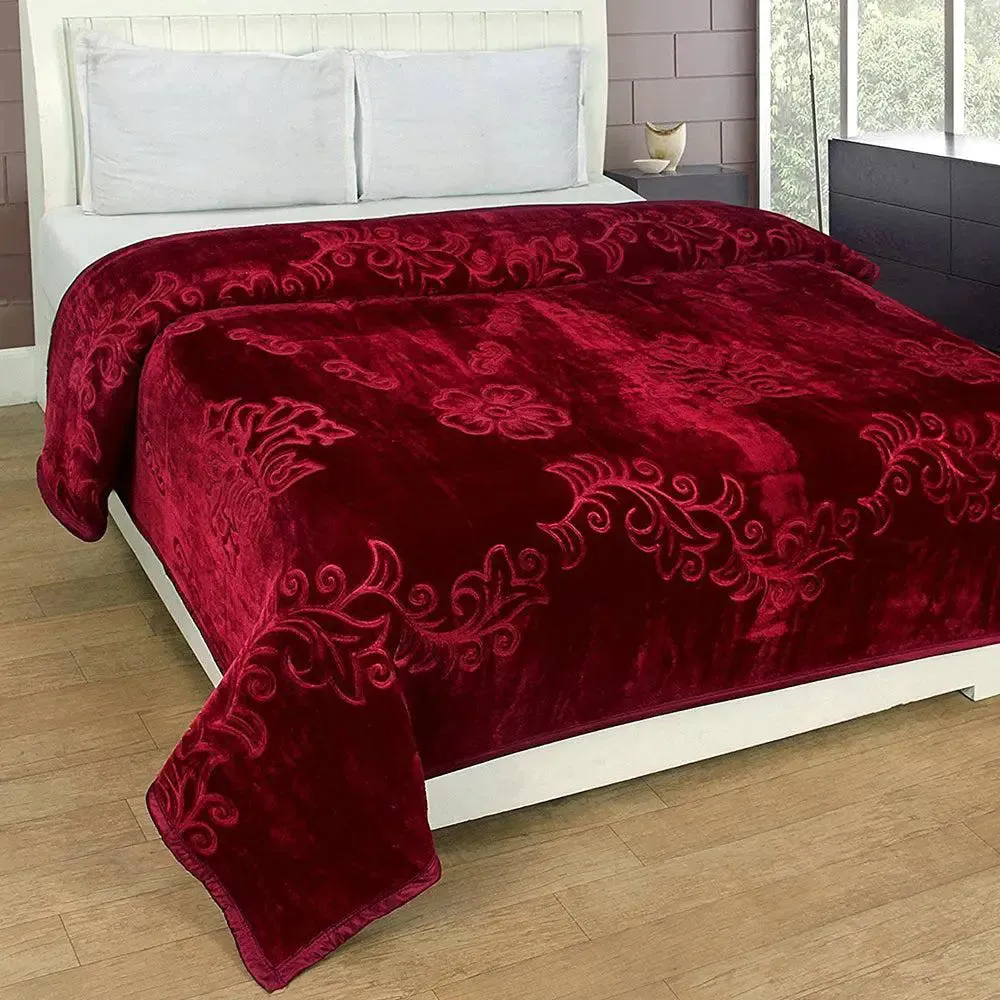 Rian Maroon Floral Designer Double Mink Blanket