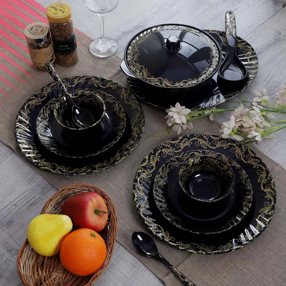 Rich Black & Golden Bordered Melamine Dinner Set Of 40