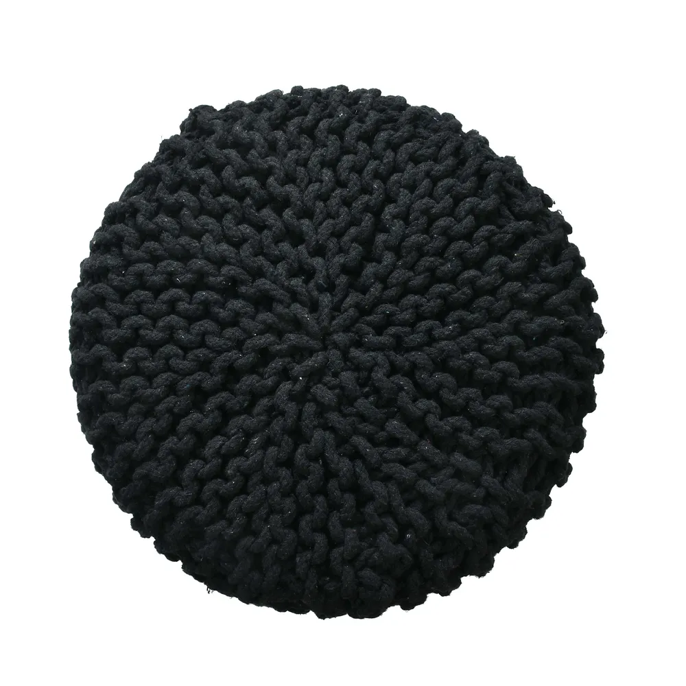 Rich Black Solid Cotton Knitted Pouffe Single Piece