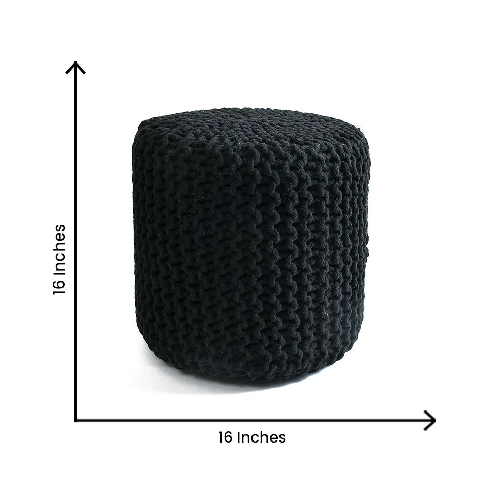 Rich Black Solid Cotton Knitted Pouffe Single Piece