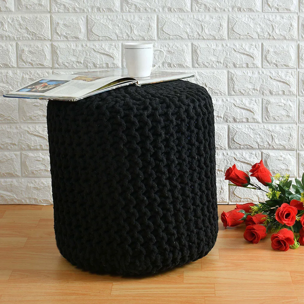 Rich Black Solid Cotton Knitted Pouffe Single Piece