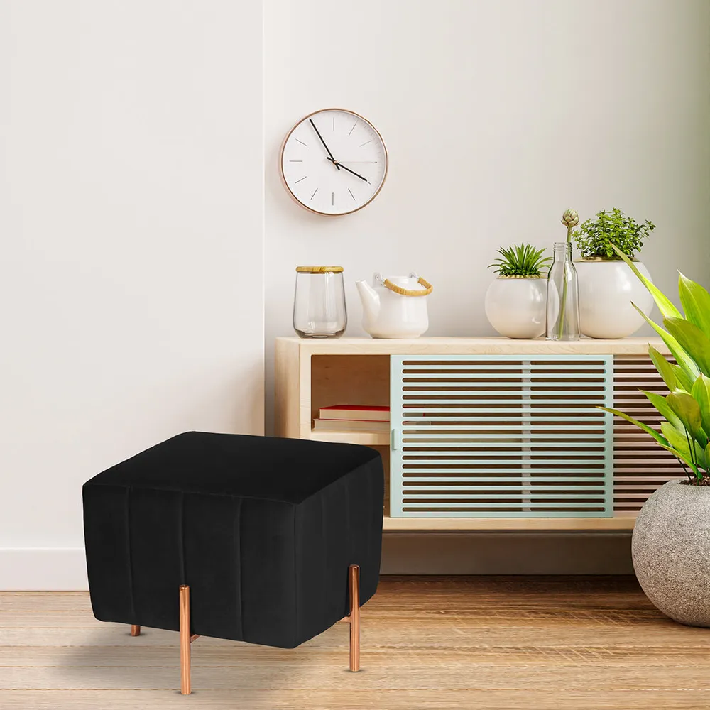Rich Black Square Ottoman / Pouffe With Rose Gold Legs