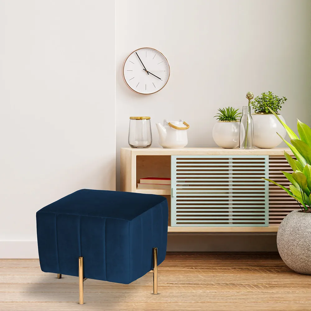 Rich Blue Square Ottoman / Pouffe With Golden Legs