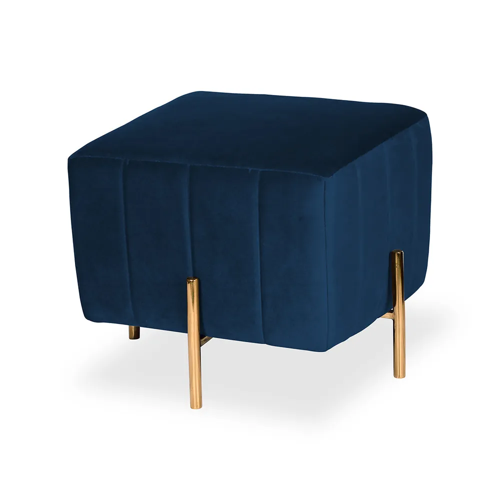 Rich Blue Square Ottoman / Pouffe With Golden Legs