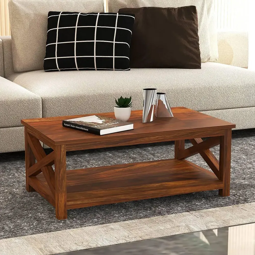 Rich Brown Hued Flat Base With Storage Space Sheesham Wood Center Table