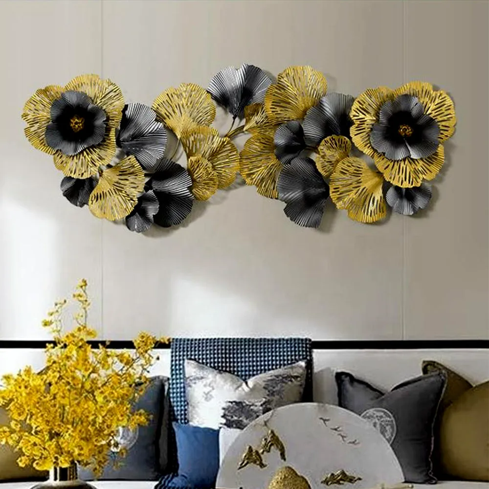 Rich Golden & Grey Wild Floral Metal Wall Art