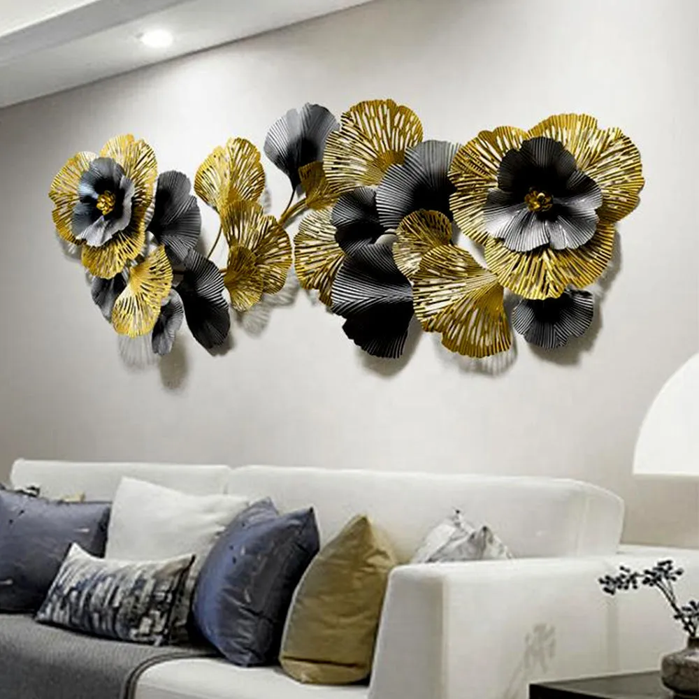 Rich Golden & Grey Wild Floral Metal Wall Art