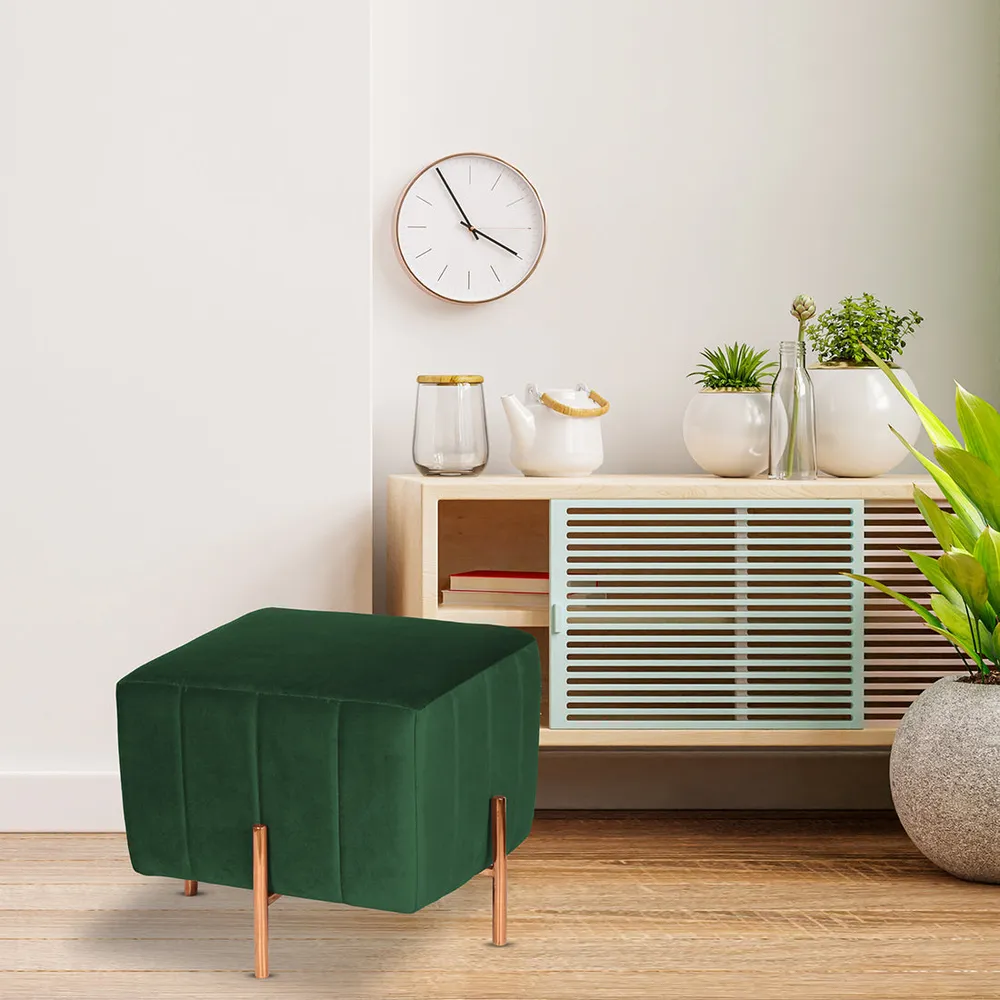 Rich Green Square Ottoman/Pouffe With Rose Gold Legs