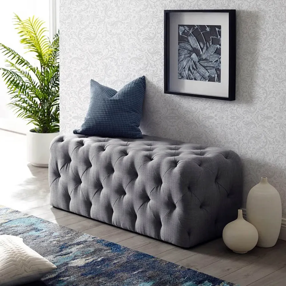 Rich Grey Resilient & Super Soft Luxurious Tufted Velvet Upholstered Bench
