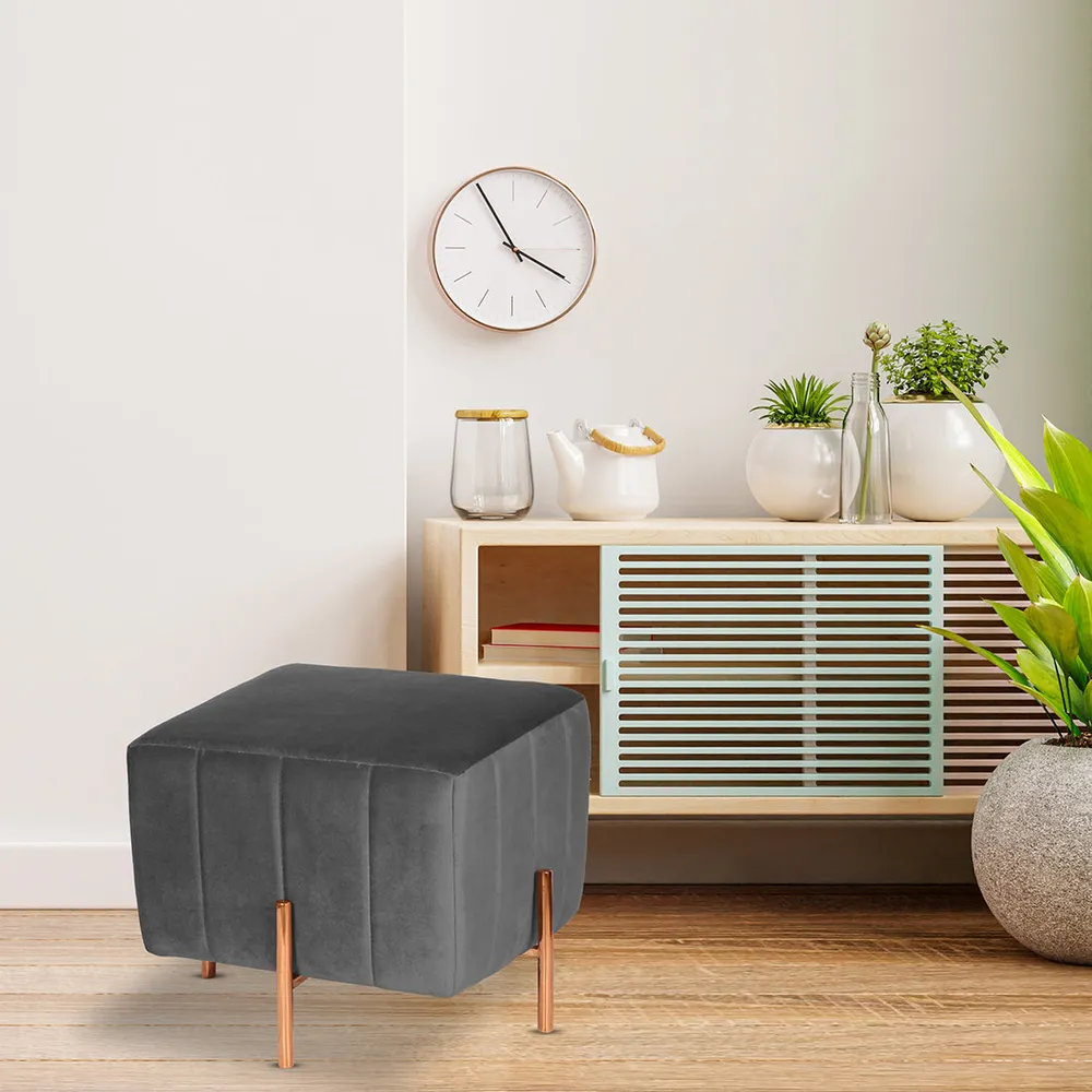 Rich Grey Square Ottoman / Pouffe With Rose Gold Legs