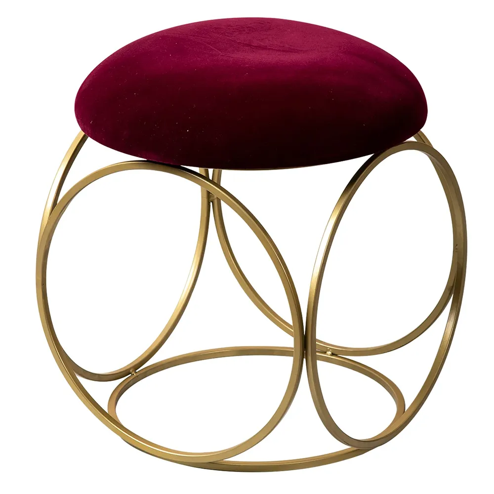 Rich Maroon Golden Metal Pouffe Stool