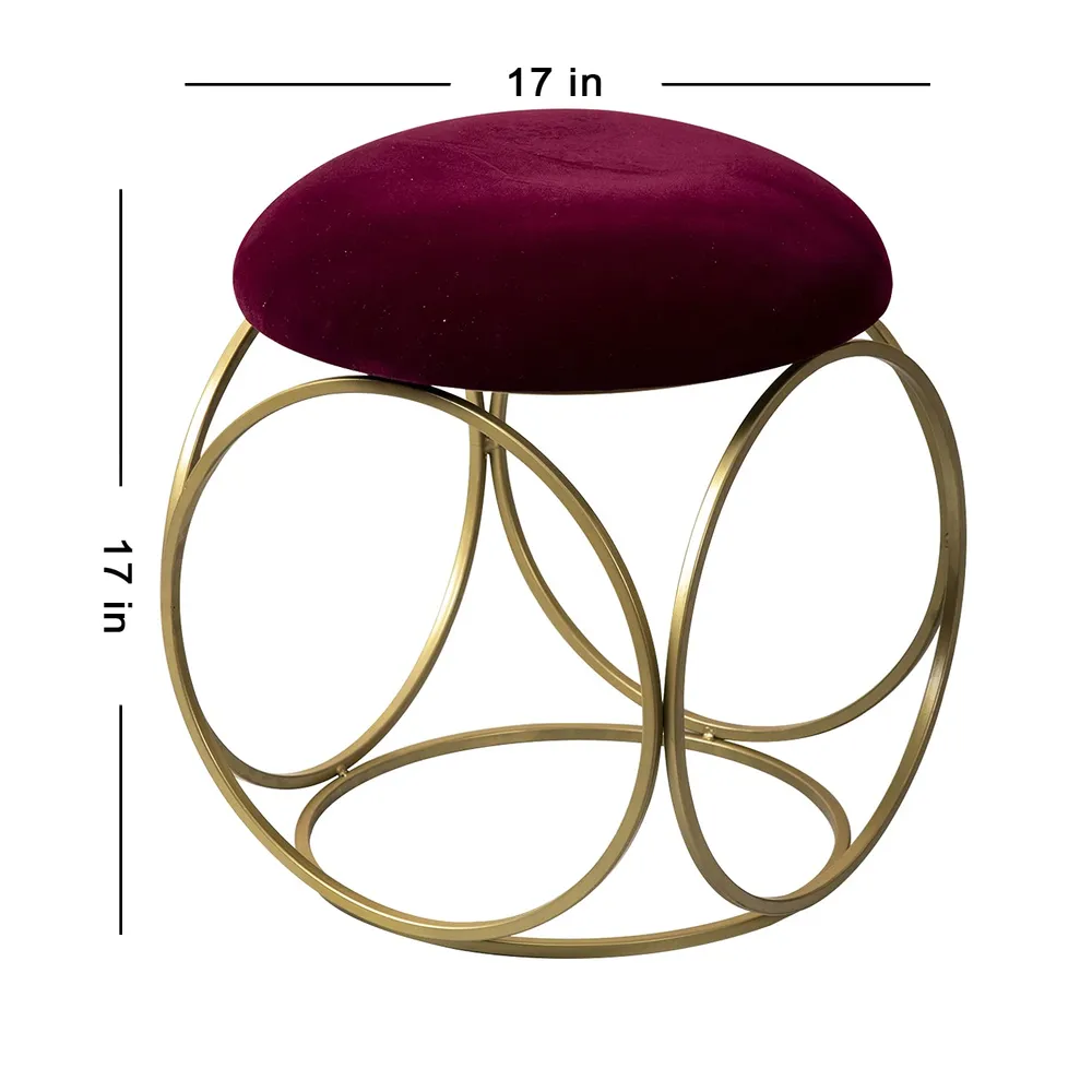 Rich Maroon Golden Metal Pouffe Stool