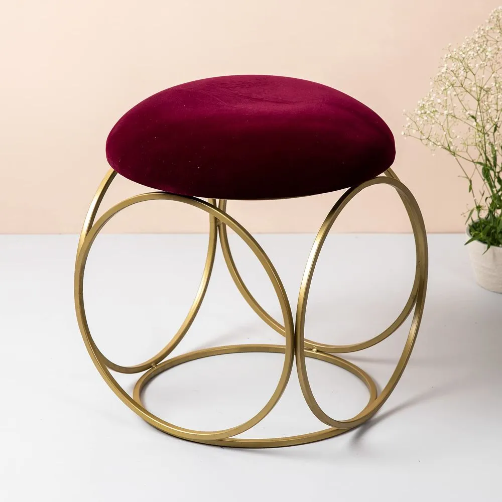 Rich Maroon Golden Metal Pouffe Stool