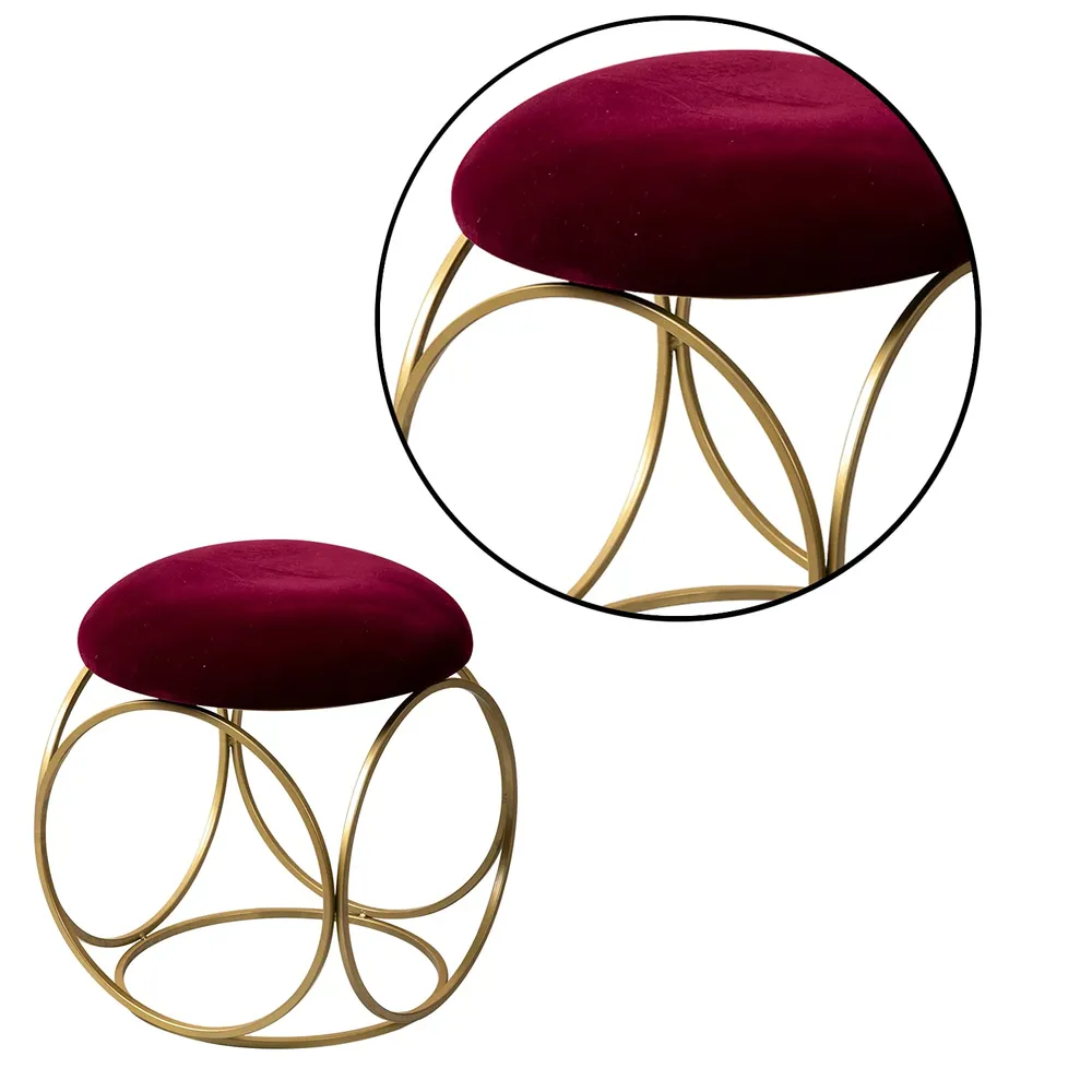 Rich Maroon Golden Metal Pouffe Stool