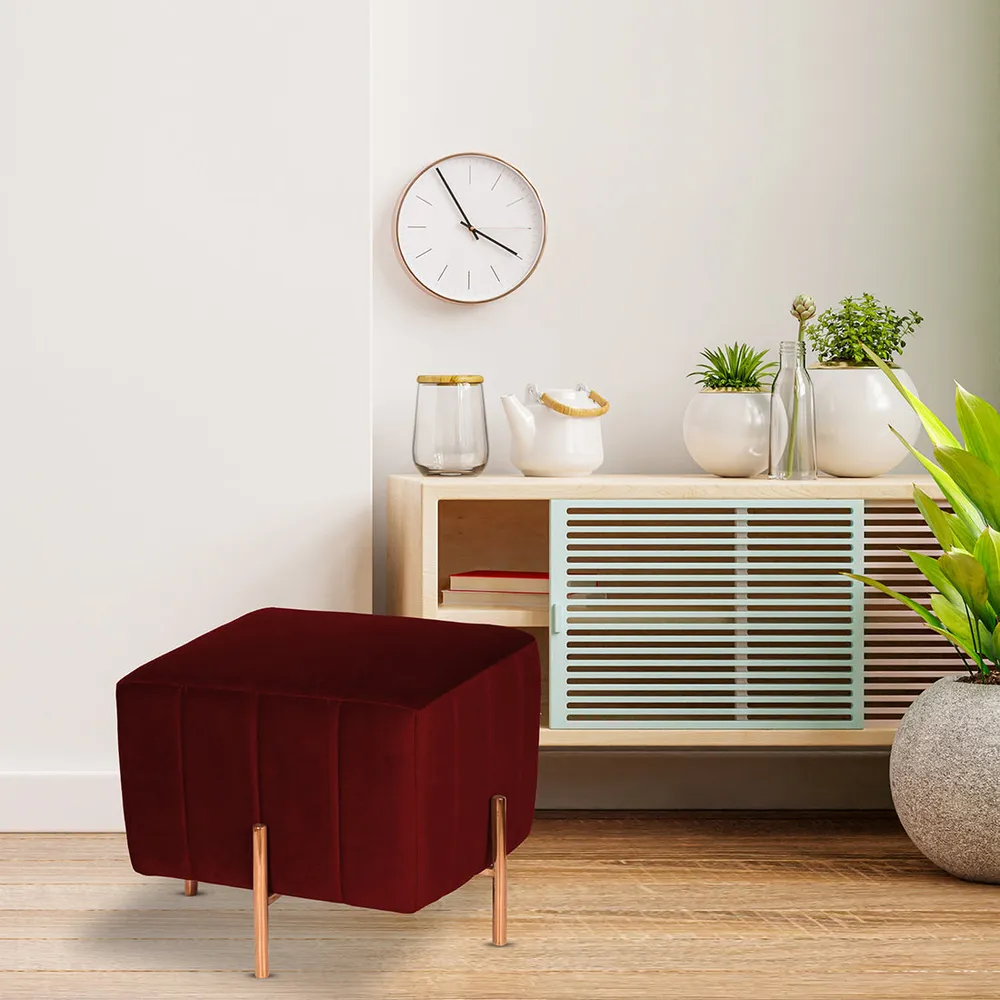 Rich Maroon Square Ottoman / Pouffe With Rose Gold Legs