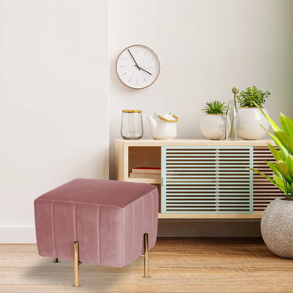 Rich Pink Square Ottoman / Pouffe With Golden Legs